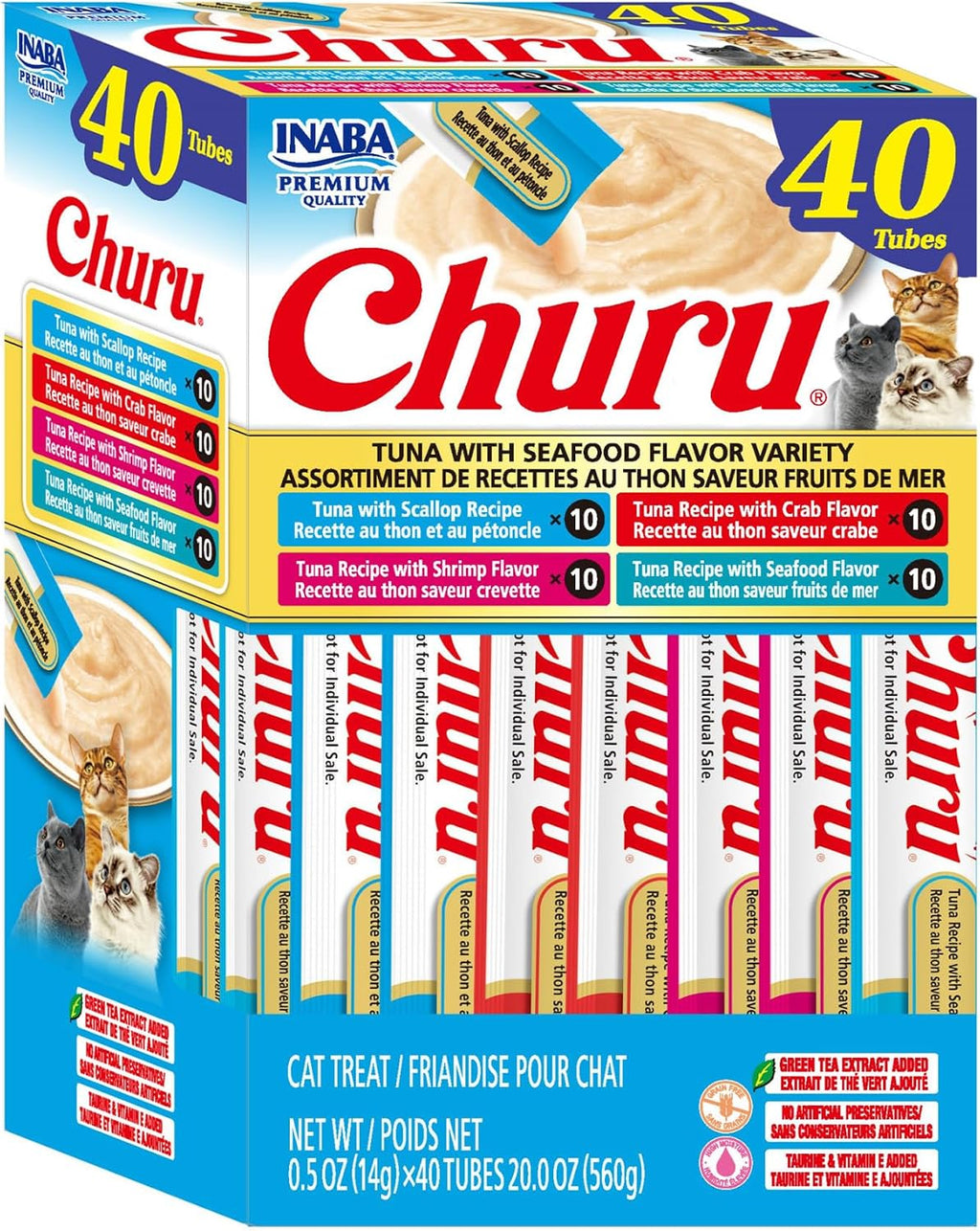INABA Churu Cat Treats, Lickable, Squeezable Creamy Pure Cat Treat with Green Tea Extract & Taurine, 0.5oz. Each Tube, 20 Tubes, Scallop & Crab Variety - Image 10