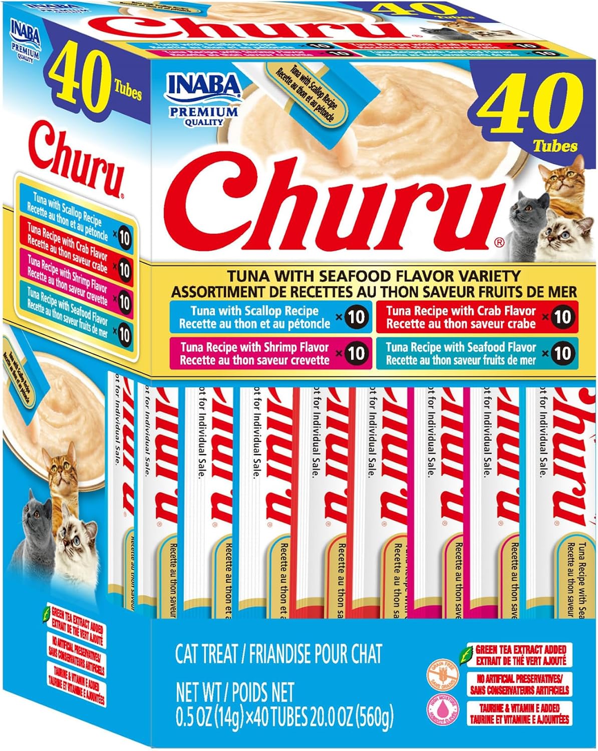 INABA Churu Cat Treats, Lickable, Squeezable Creamy Pure Cat Treat with Green Tea Extract & Taurine, 0.5oz. Each Tube, 20 Tubes, Scallop & Crab Variety - Image 10