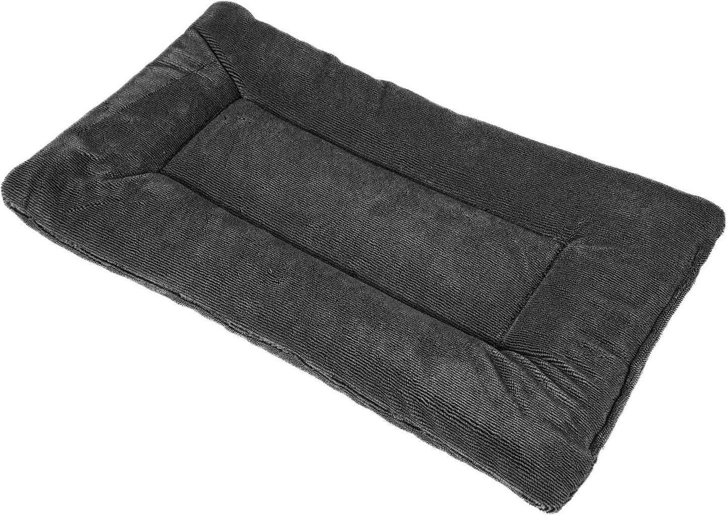Petmate gray sixteen by nine inch kennel mat placed inside a travel carrier