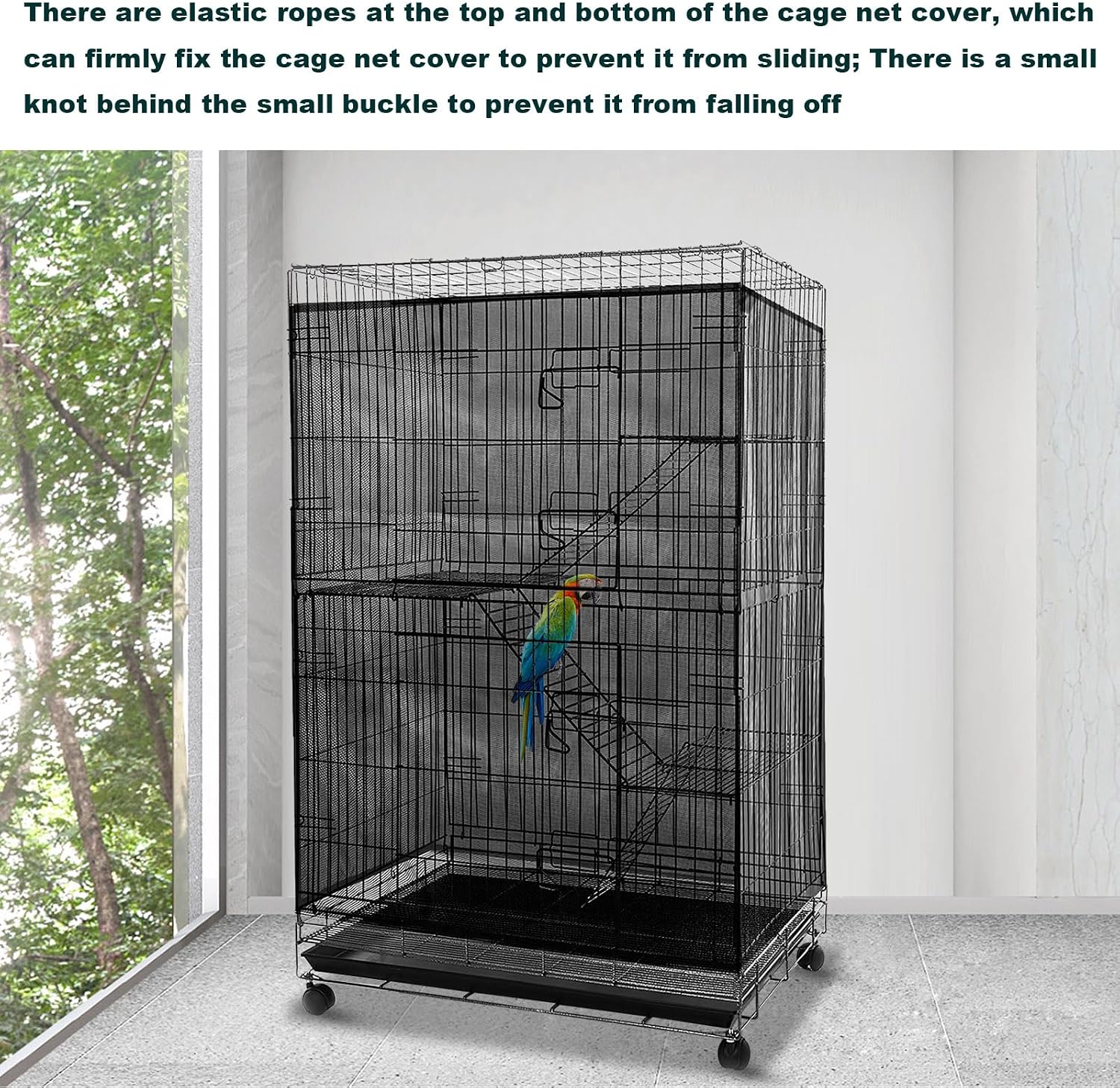 Soft skirt guard netting trapping seeds and feathers on a parrot cage