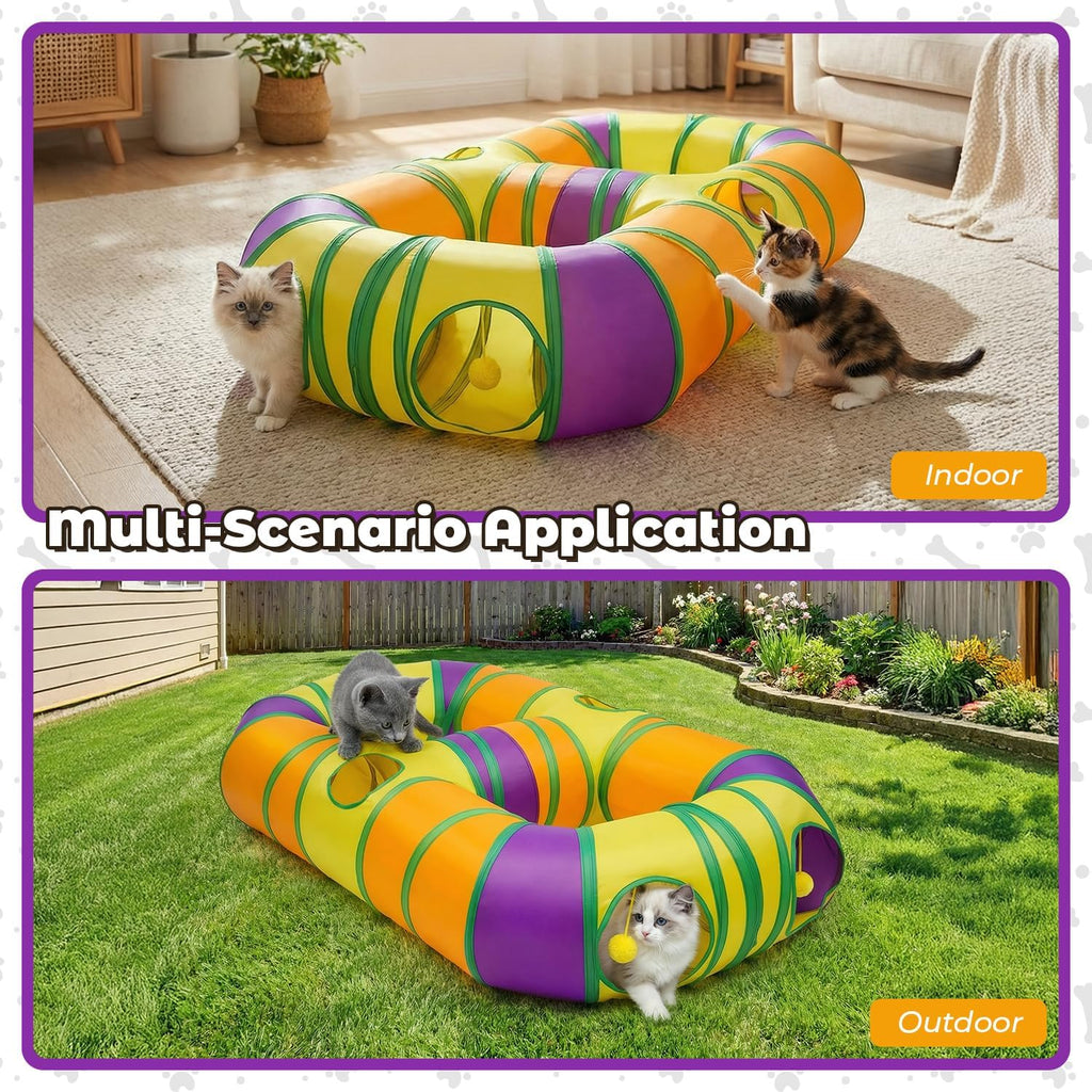 GUSTYLE cat tunnel set up in a living room showing the full layout for indoor play.