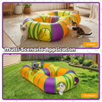 GUSTYLE cat tunnel set up in a living room showing the full layout for indoor play.