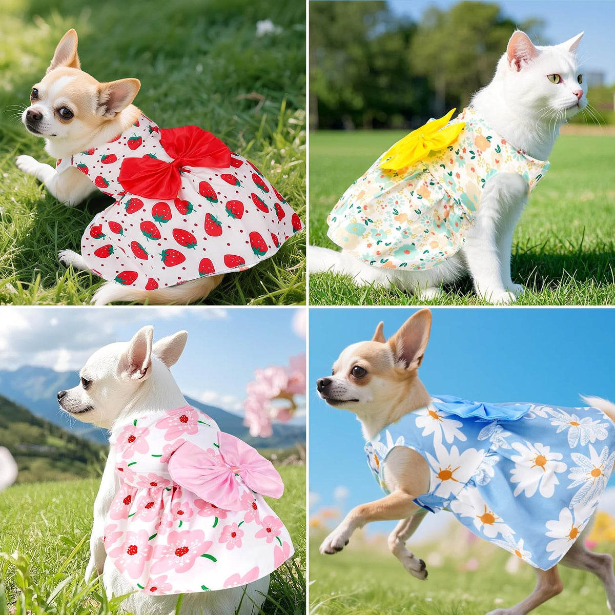 Collection of four colorful pet dresses for small cats