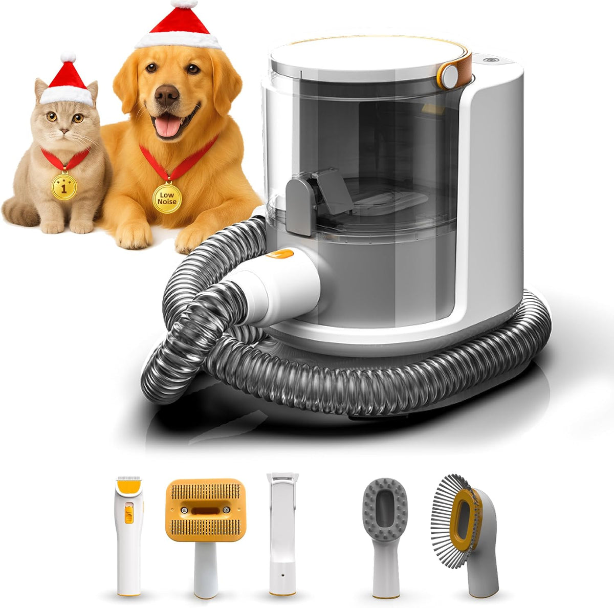 Puppyoo pet grooming vacuum kit front view showing 5 in 1 tools and main unit.
