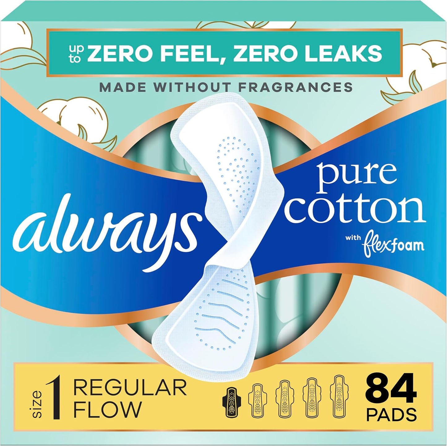 Always Pure Cotton FlexFoam Pads Size 1 front packaging showing 84 count.