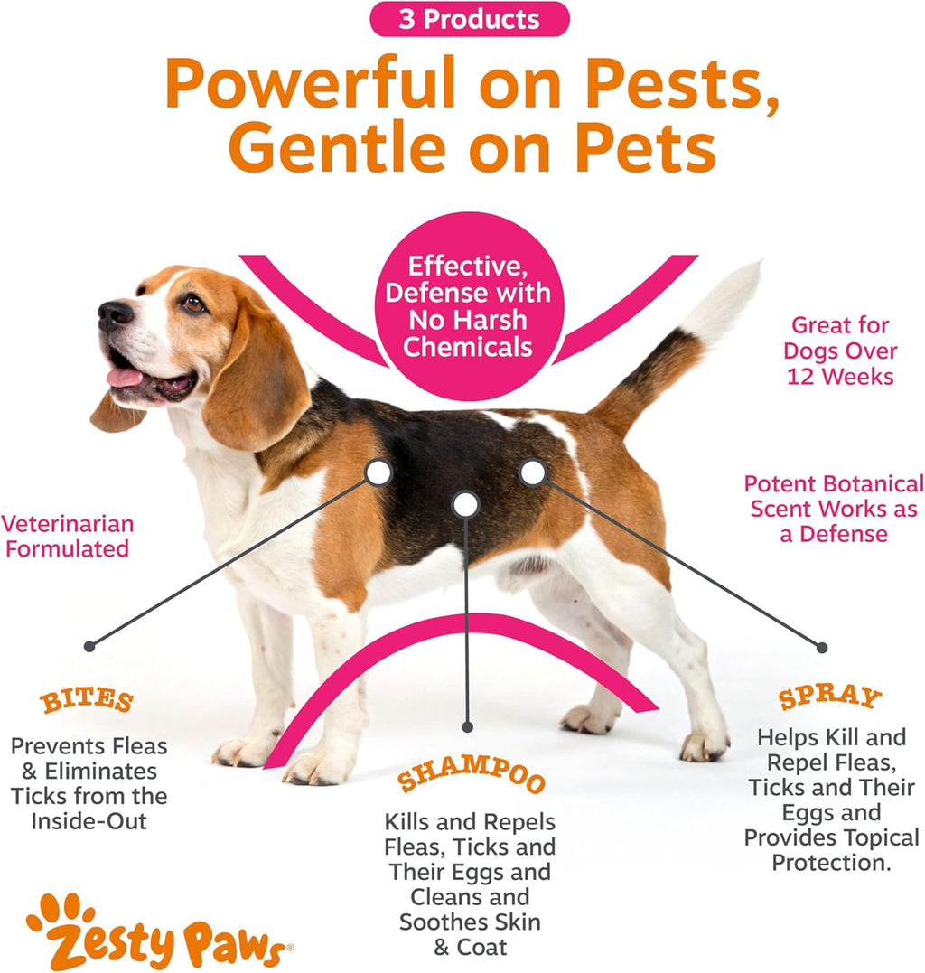 Zesty Paws soothing flea and tick dog shampoo bottle highlighting premium essential oils.