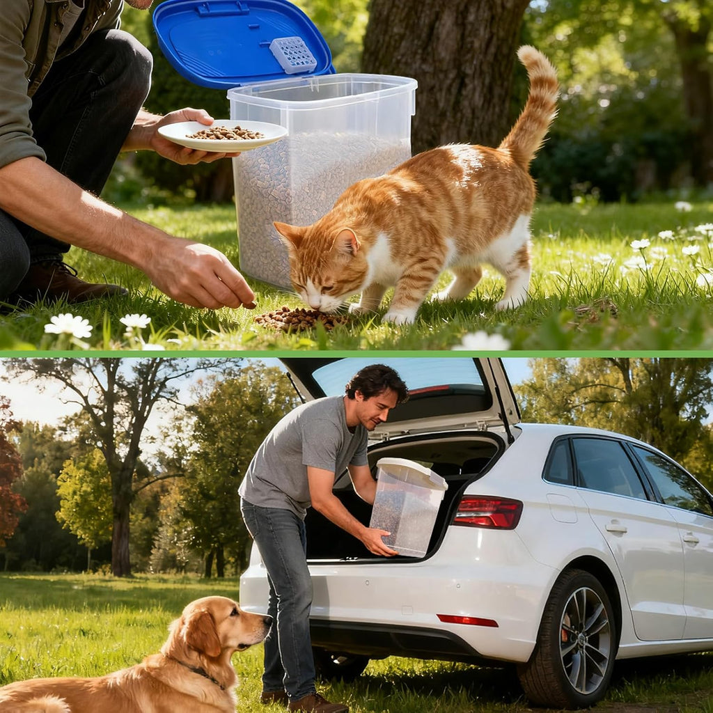 Side profile of tall slim pet food container for space saving