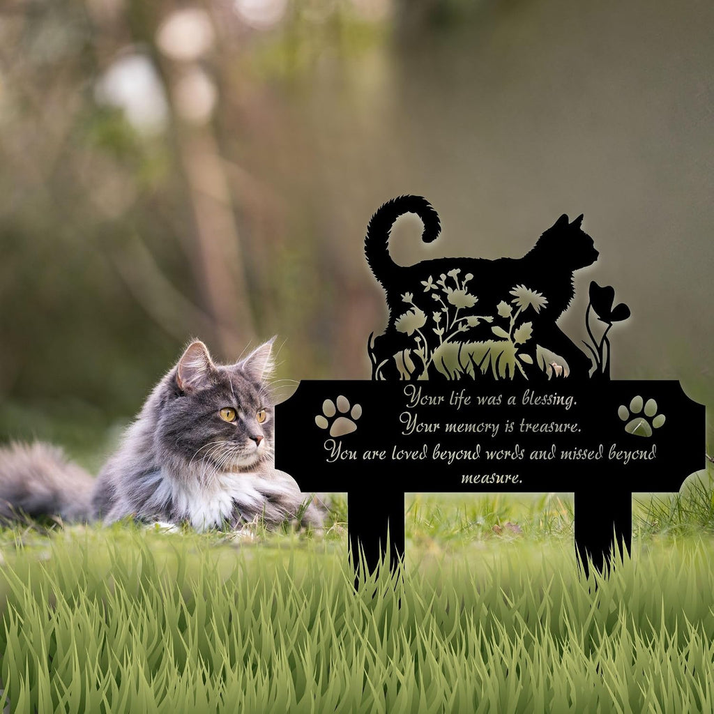 HEGANITS cat silhouette grave marker standing securely in a large outdoor patio flower pot