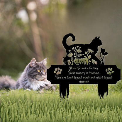 HEGANITS cat silhouette grave marker standing securely in a large outdoor patio flower pot