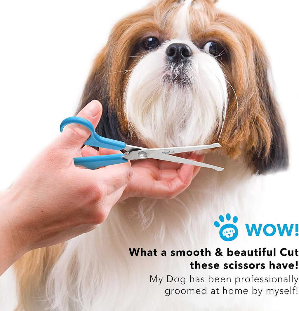 Boshel grooming scissors ergonomic blue handles with non slip rubber rings and finger rest.