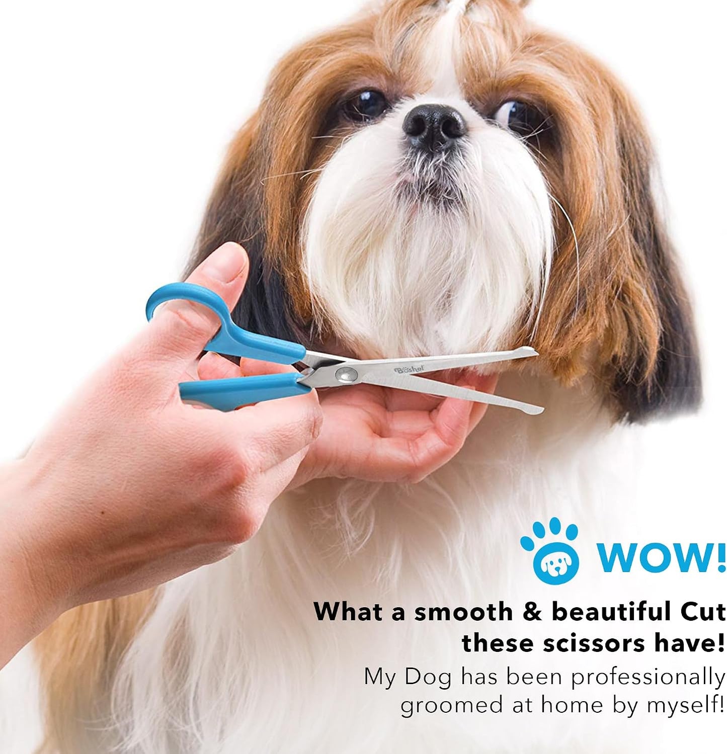 Boshel grooming scissors ergonomic blue handles with non slip rubber rings and finger rest.