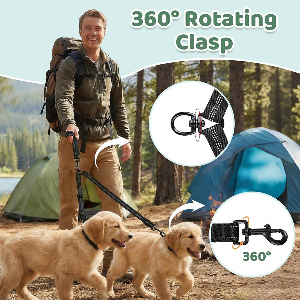 Detailed view of the high visibility reflective stitching on the black nylon dog leash splitter.