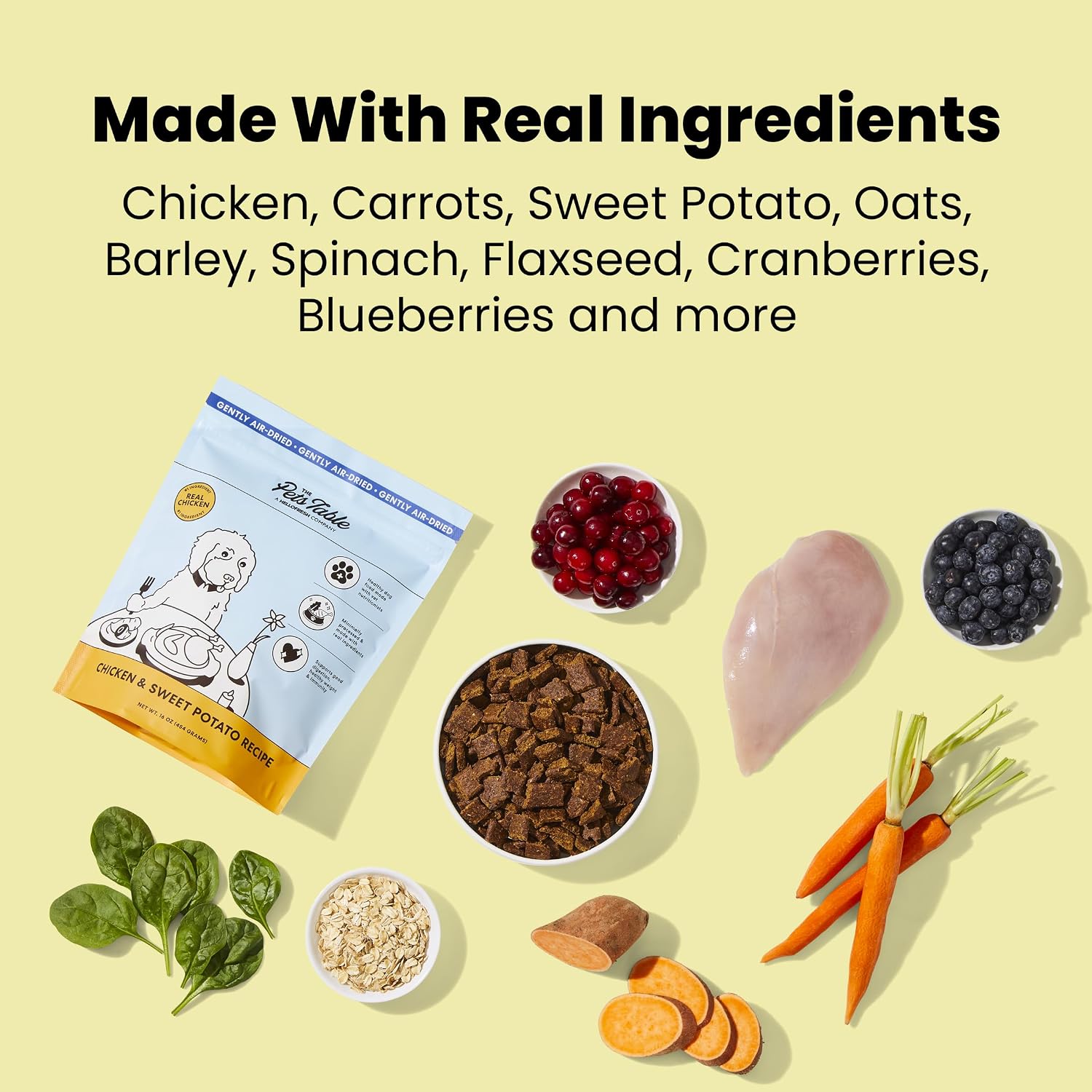 The Pets Table dog food supplement bundle nutritional labels and detailed feeding instructions