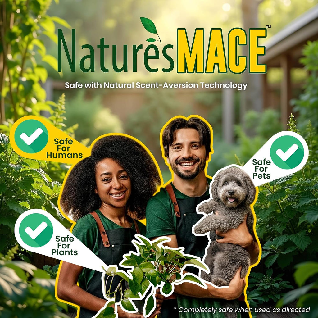 Natures Mace dog repellent being applied to a lawn perimeter