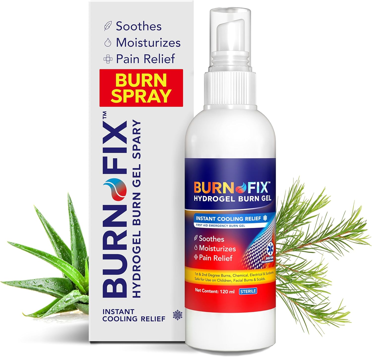 BurnFix Hydrogel Burn Spray 120ml bottle front view for instant first aid relief.