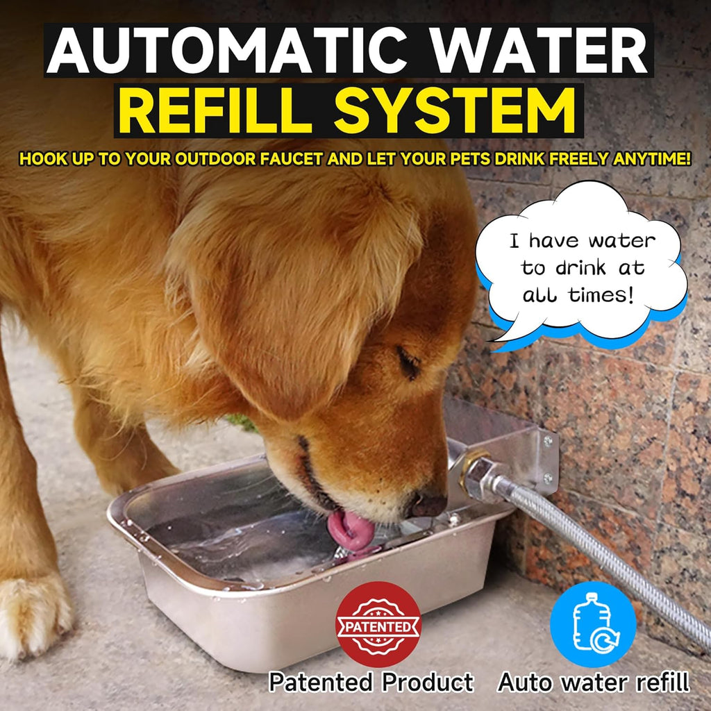 Petsolon auto fill outdoor pet bowl mounted on a backyard wall