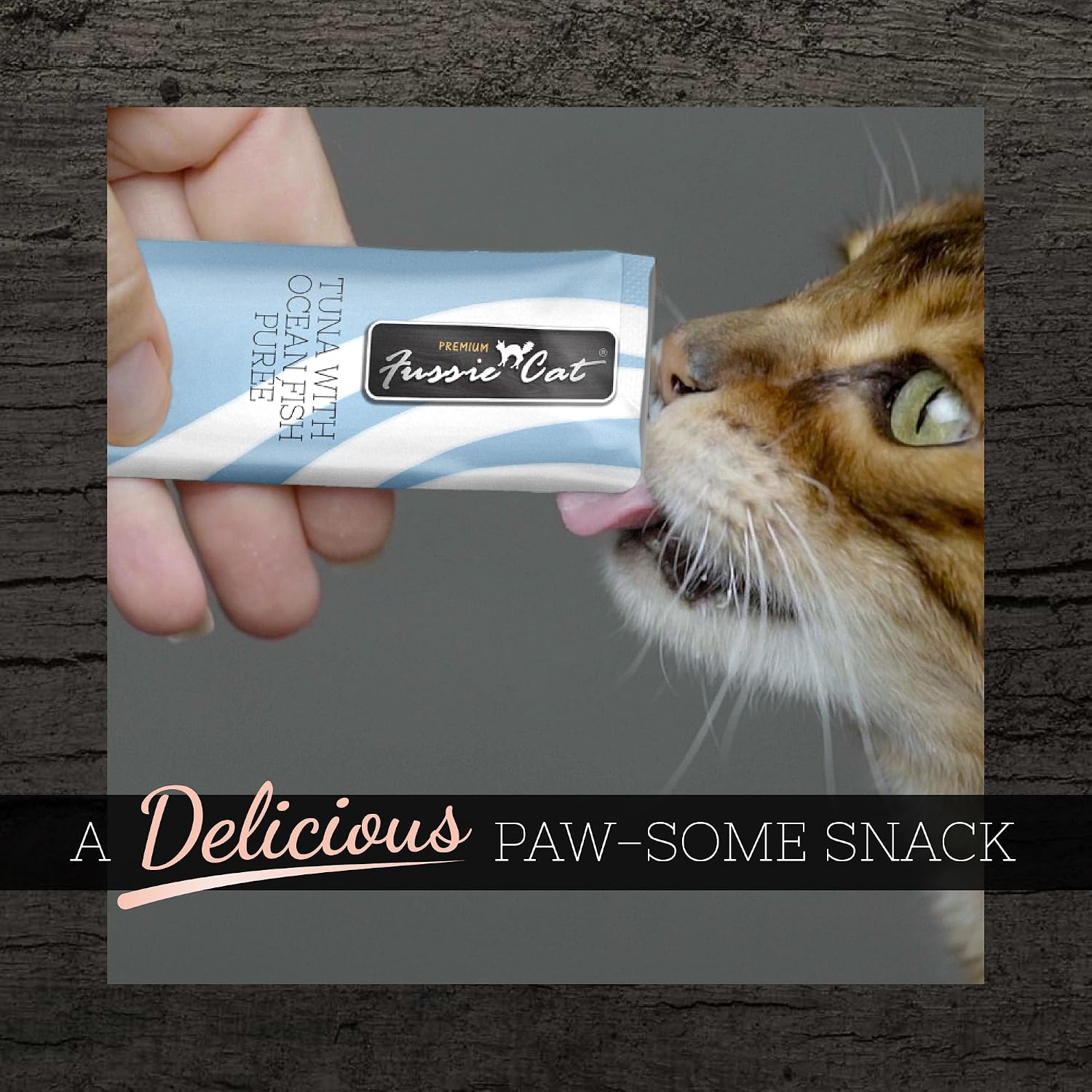 Fussie Cat lickable treat being served to a cat