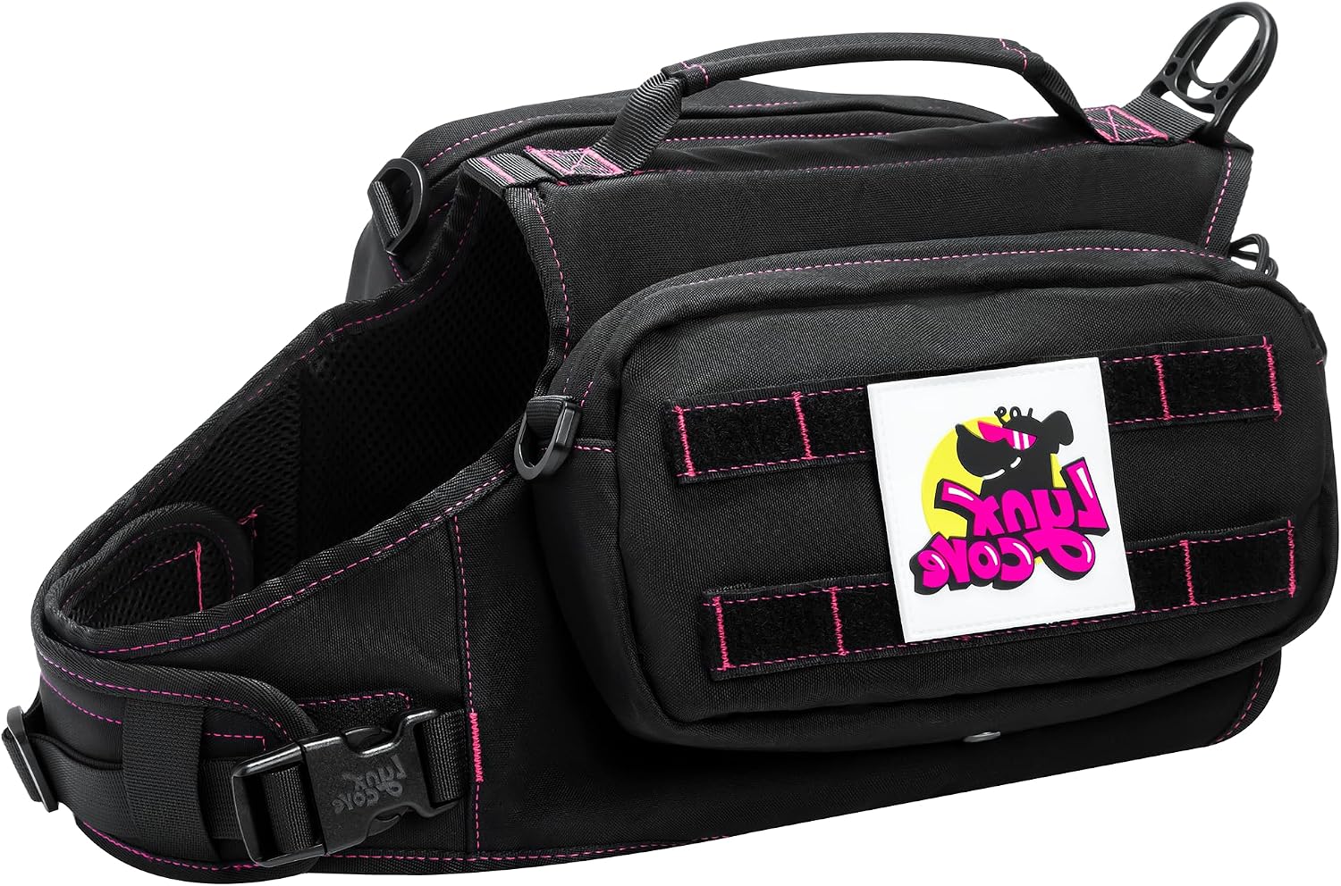 Lynxcore dog backpack harness front view showing black tactical vest on a dog