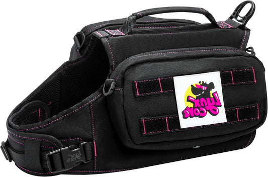 Lynxcore dog backpack harness front view showing black tactical vest on a dog