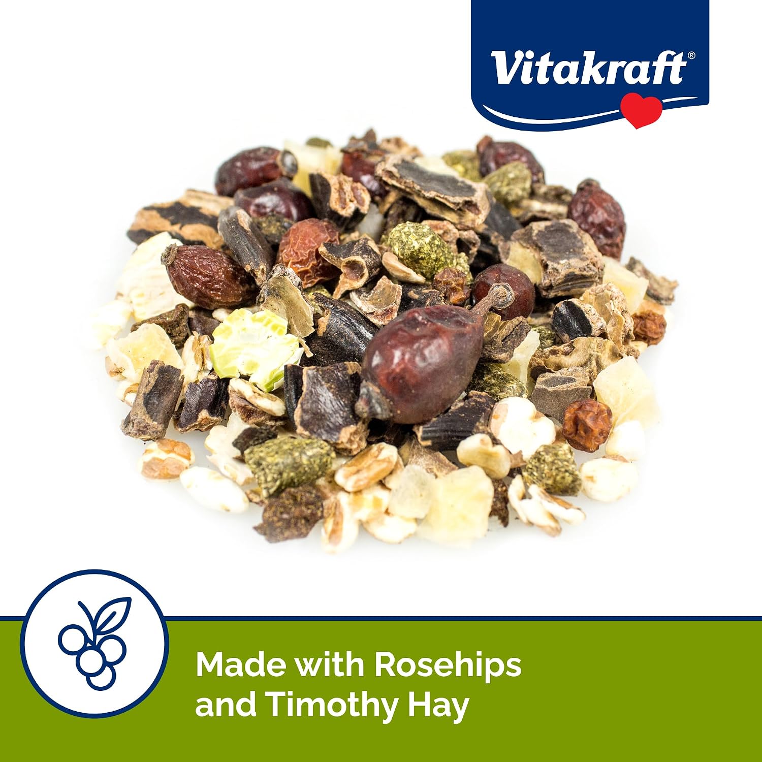 Close-up of corn-free small animal treat with timothy hay pellets and mountain ash berries.