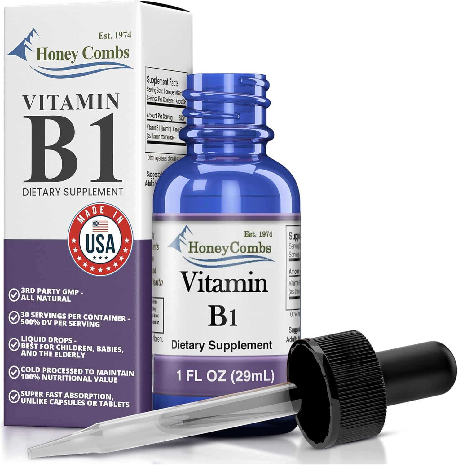 HoneyCombs Vitamin B1 Thiamine Drops front view bottle for energy metabolism