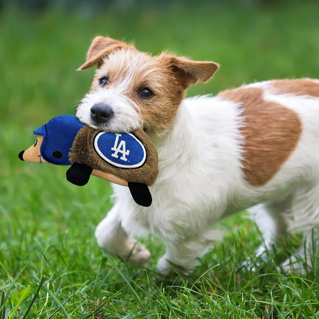 Los Angeles Dodgers licensed pet chew toy highlighting the built-in squeaker area.