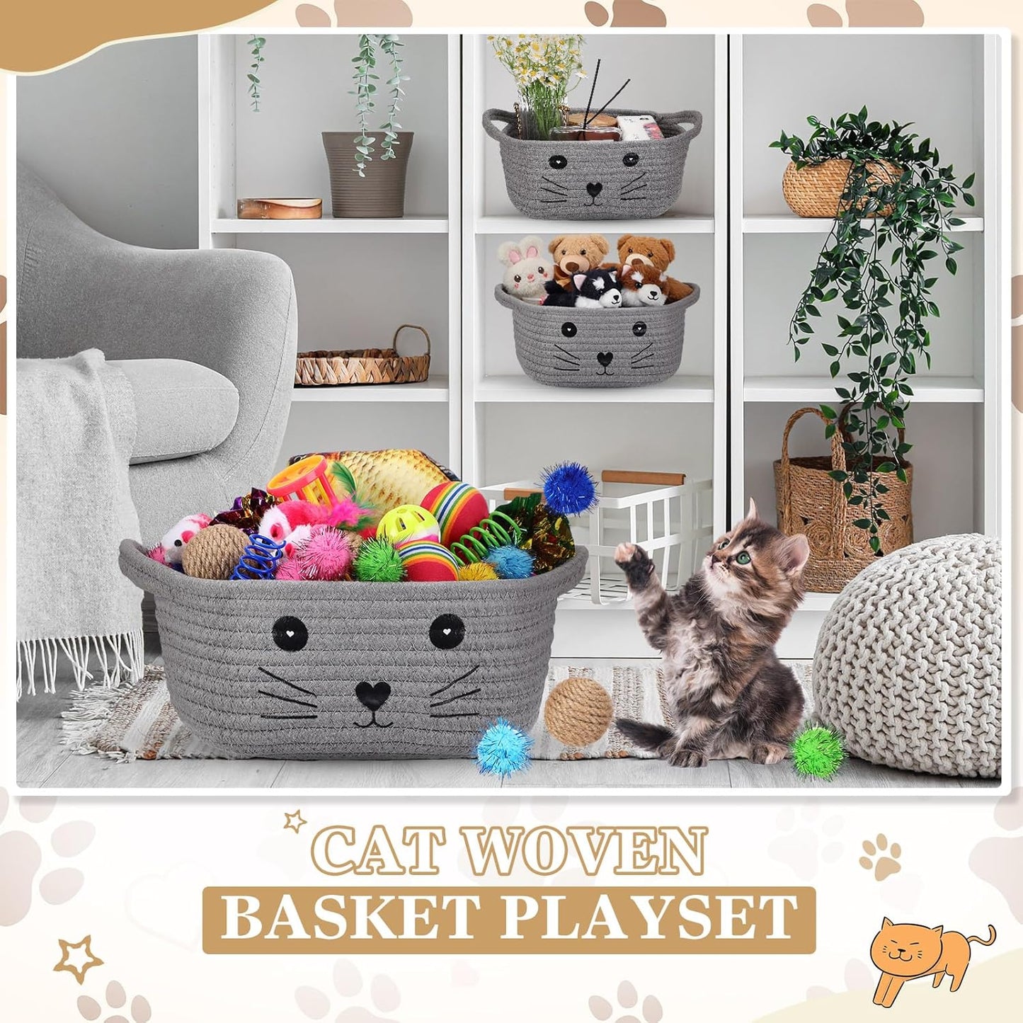 Grey cat themed woven storage basket with handles containing various cat interactive toys