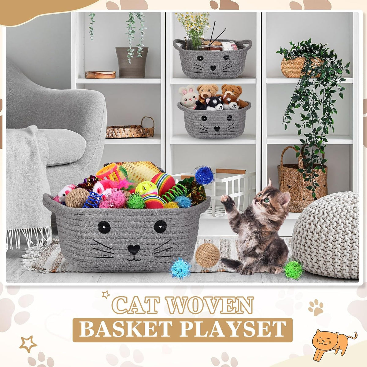 Grey cat themed woven storage basket with handles containing various cat interactive toys