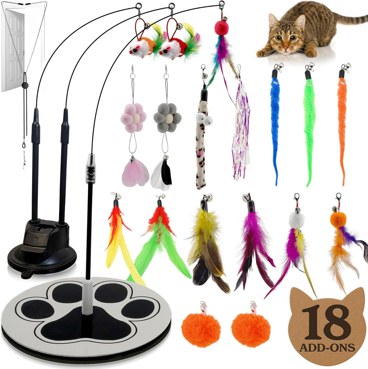 Gadgetsology interactive cat toy set front view showing floor base and feather wand.