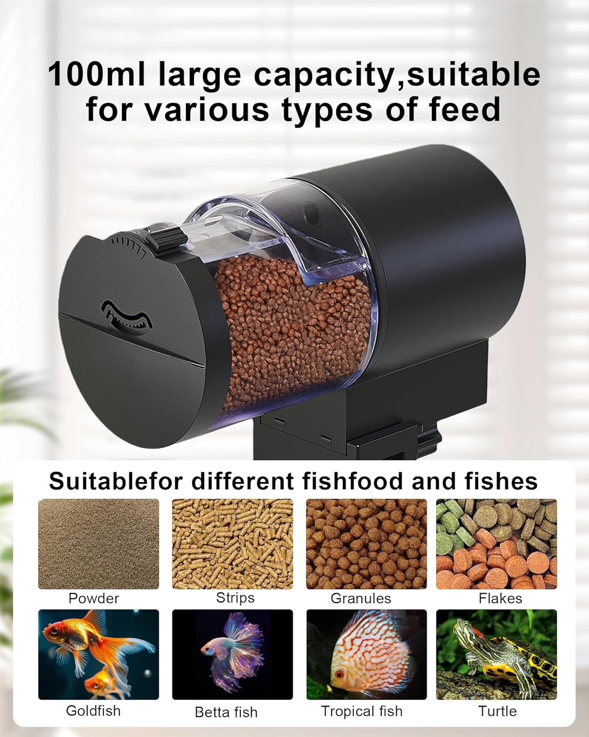 One hundred milliliter food capacity drum on automatic fish feeder