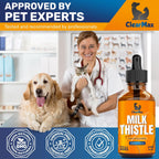 Clear Max pet digestive care milk thistle bottle next to a small dog