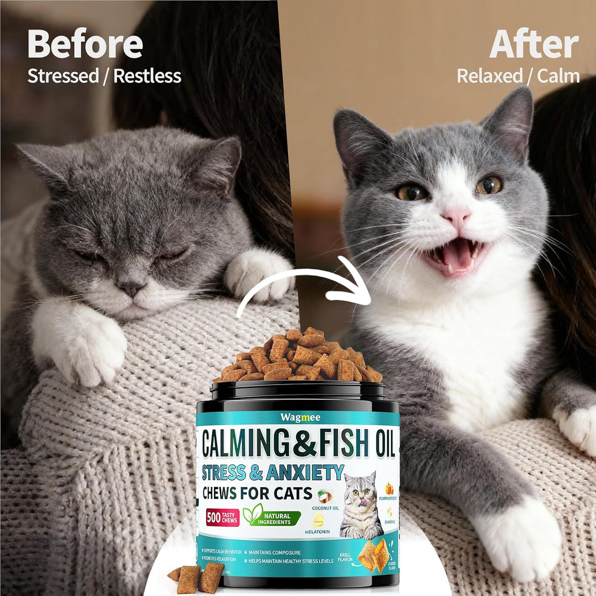 Natural Wagmee cat calming crunchy bites showing the premium chicken and krill flavor ingredients
