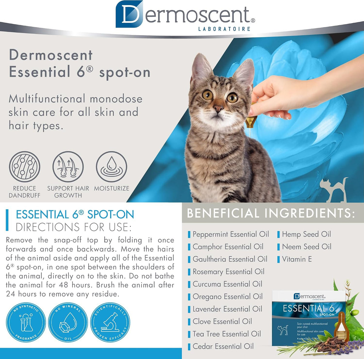 Back of Bayer Dermoscent Essential 6 cat treatment box with usage details