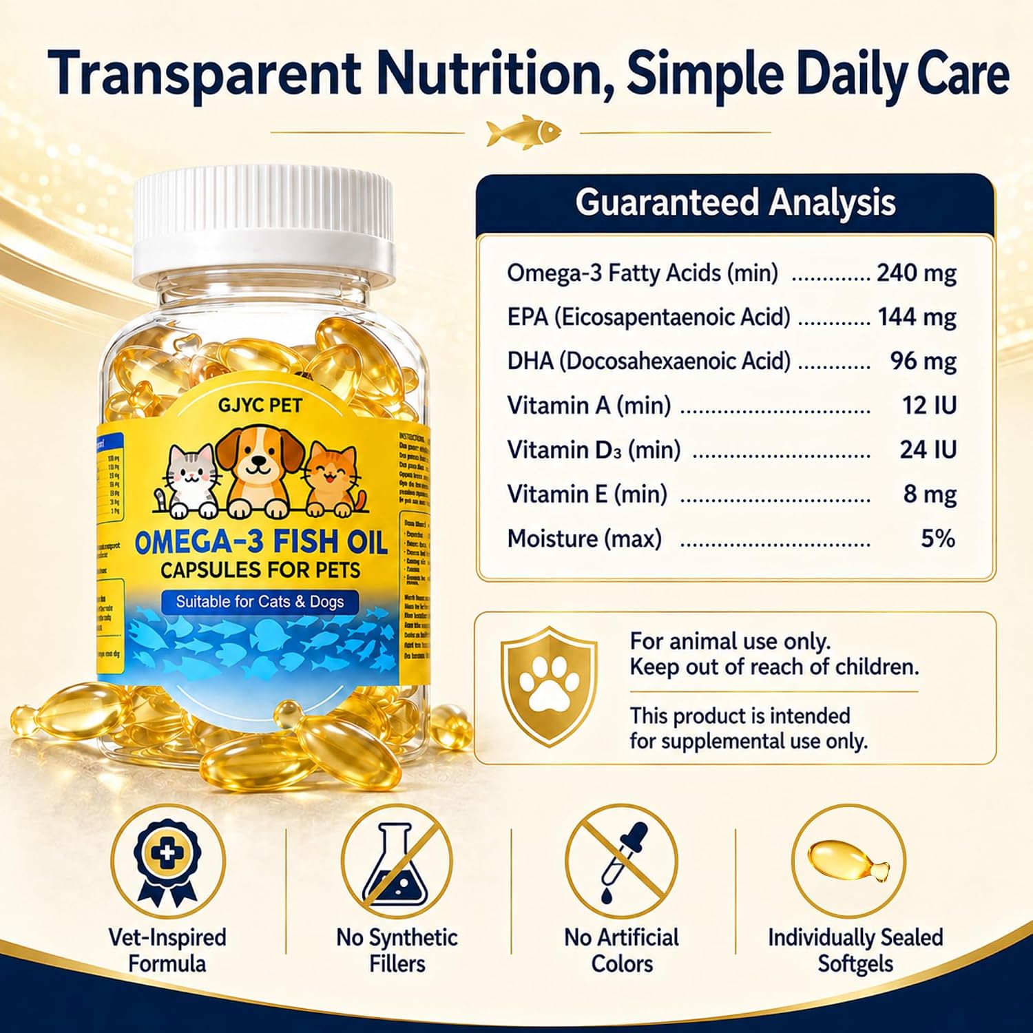 Softgel capsules of deep sea fish oil for dogs and cats.