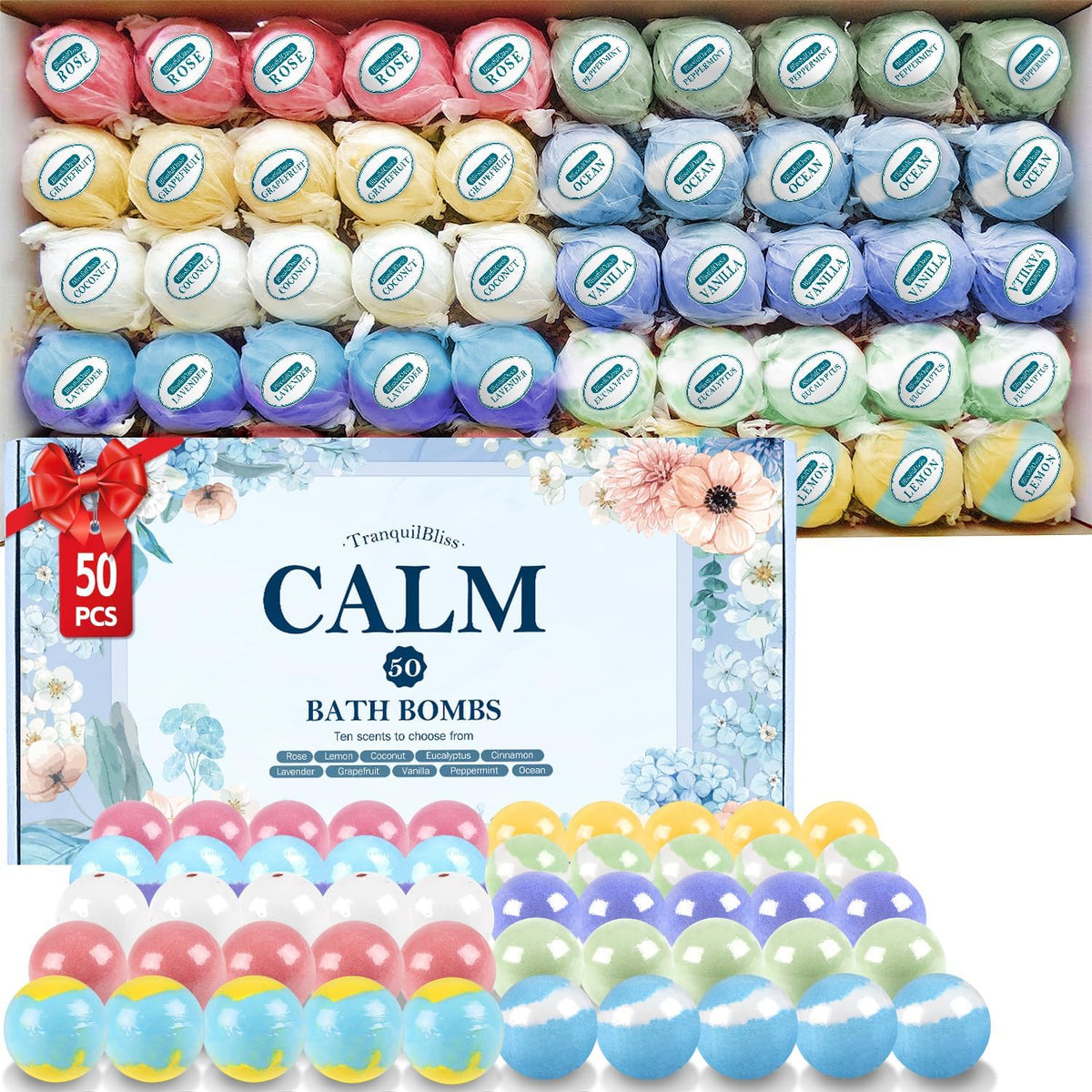 TranquilBliss bath bombs gift set front view showing packaging