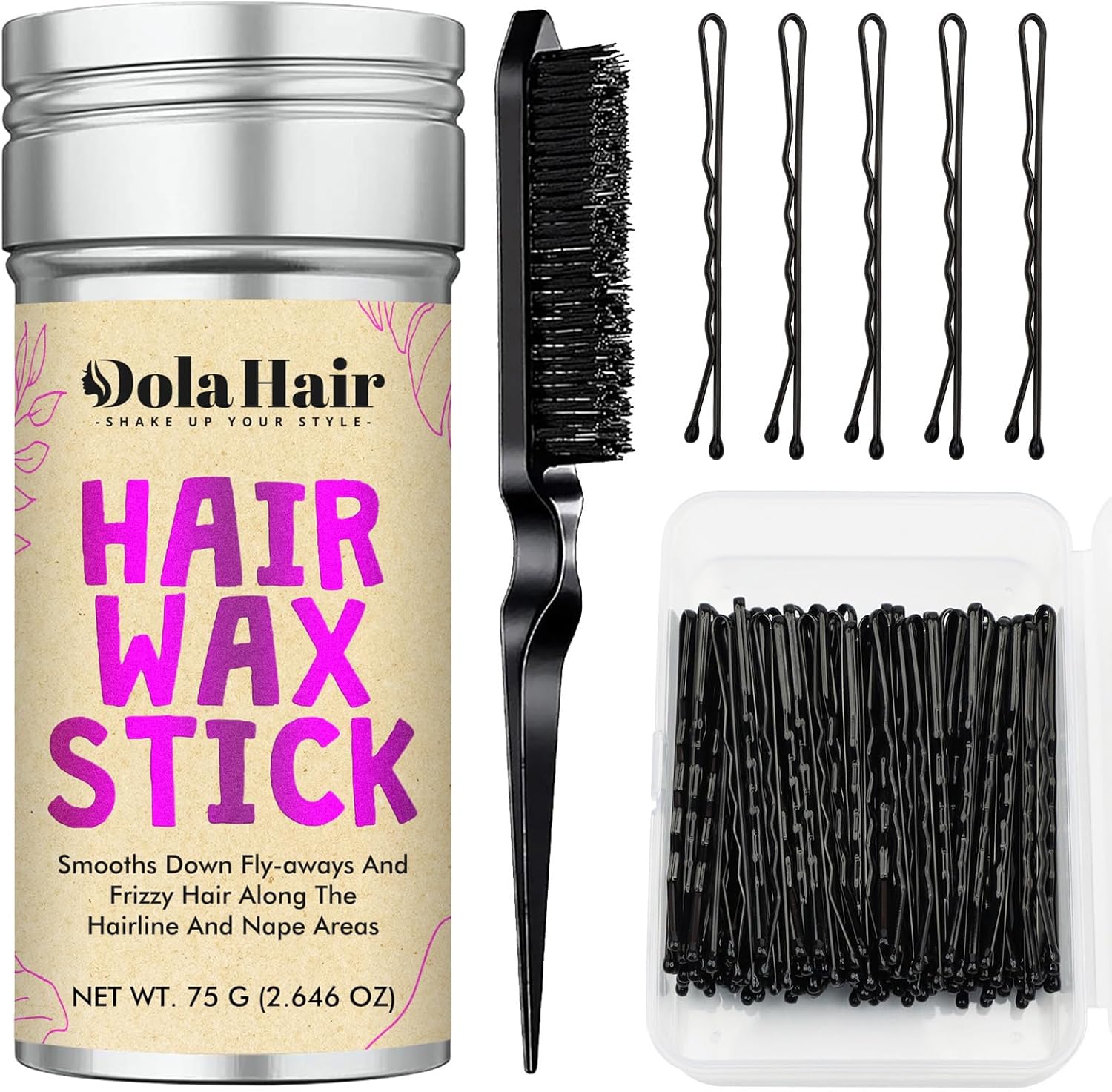 Dolahair hair bun styling kit front view showcasing the hair wax stick and bobby pins.