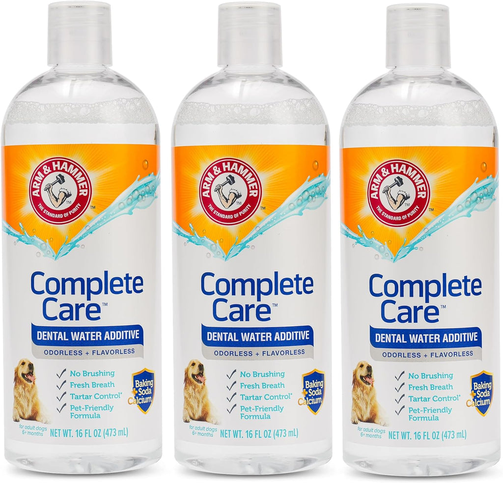 Odorless and flavorless pet dental rinse bottle with baking soda and calcium label