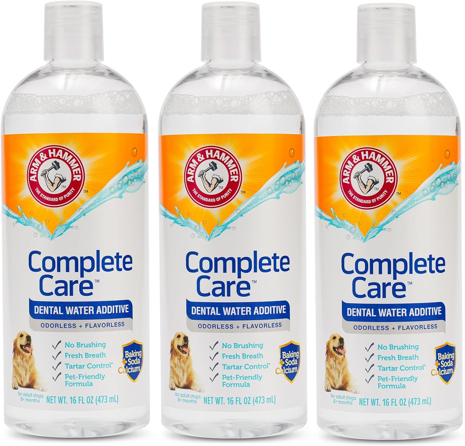 Odorless and flavorless pet dental rinse bottle with baking soda and calcium label