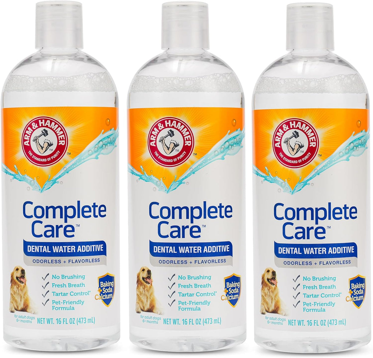 Odorless and flavorless pet dental rinse bottle with baking soda and calcium label