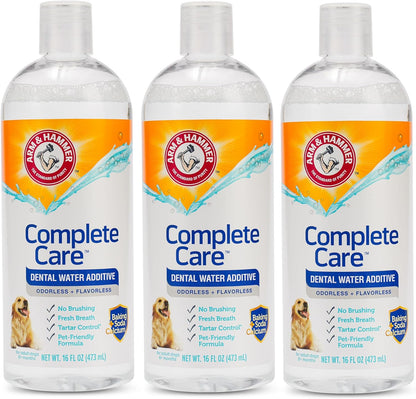 Odorless and flavorless pet dental rinse bottle with baking soda and calcium label