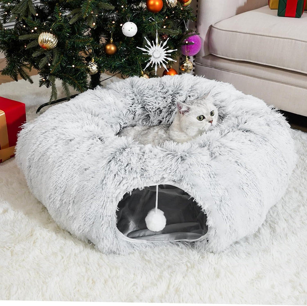 LVUVXVAV cat tunnel bed front view showing gray plush donut shape with center cushion