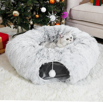 LVUVXVAV cat tunnel bed front view showing gray plush donut shape with center cushion