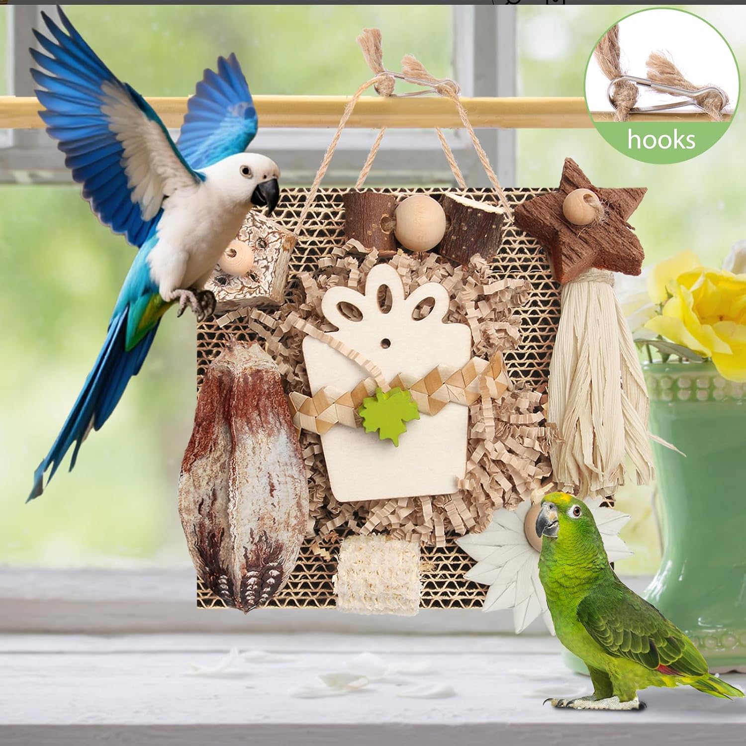 Cockatiel cage accessories showing the natural wooden beads and grass bundles close up