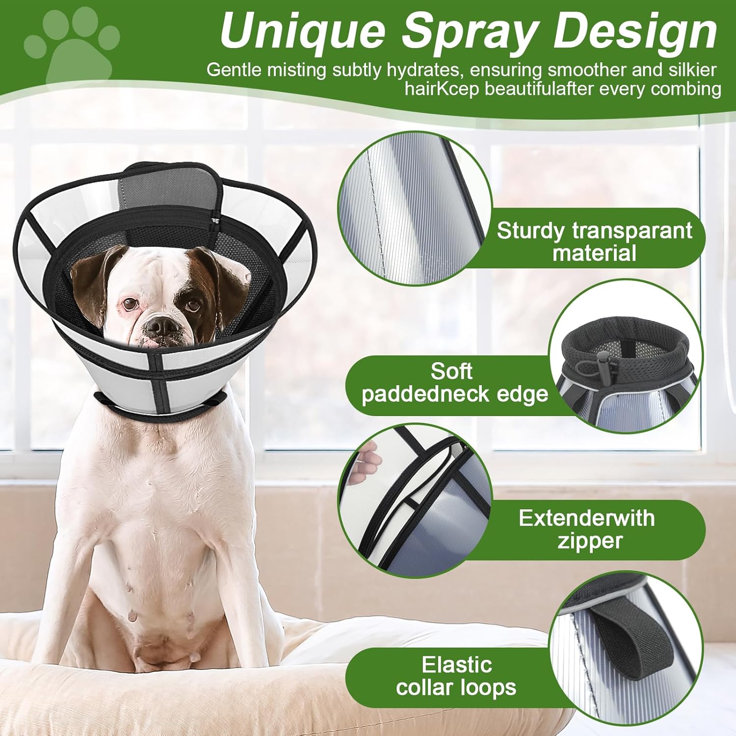 AMHSURET lightweight pet recovery cone showing the adjustable elastic collar and zipper extension