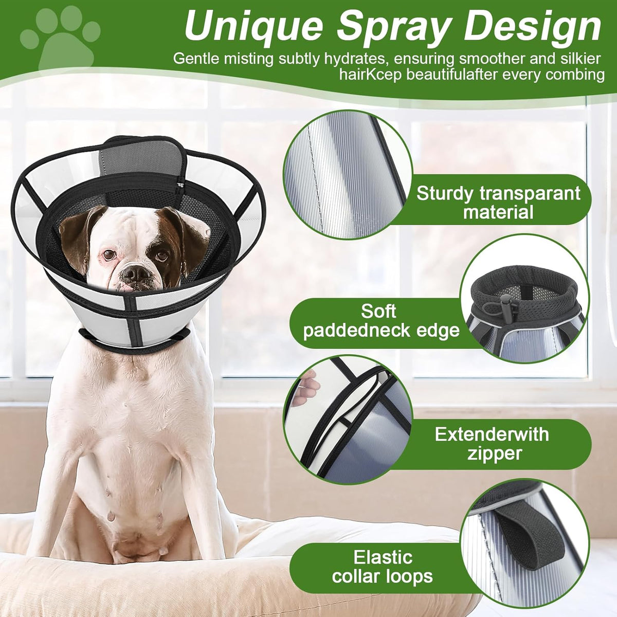 AMHSURET lightweight pet recovery cone showing the adjustable elastic collar and zipper extension