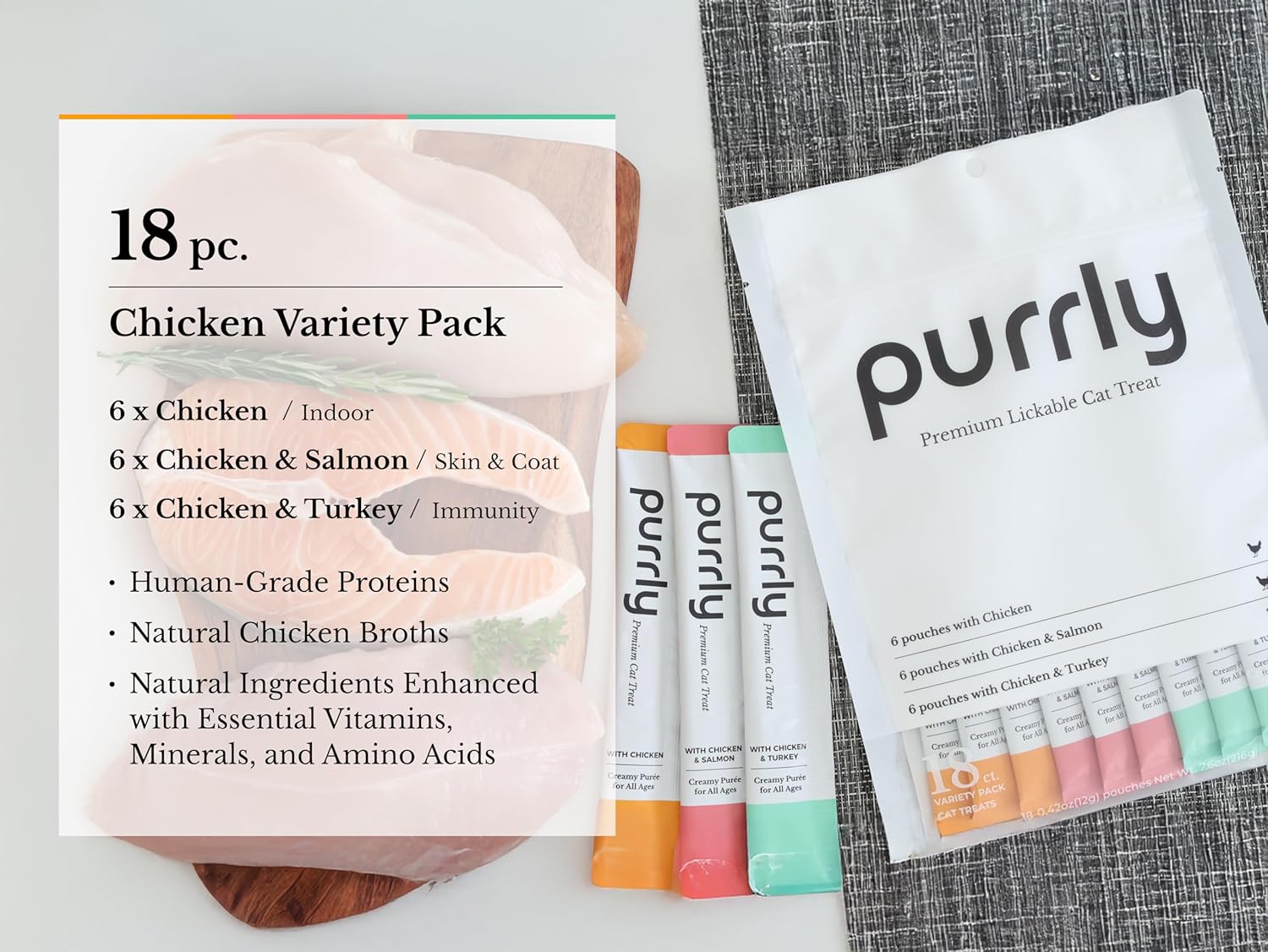 Purrly 18 count squeezable cat treat pouches packaging