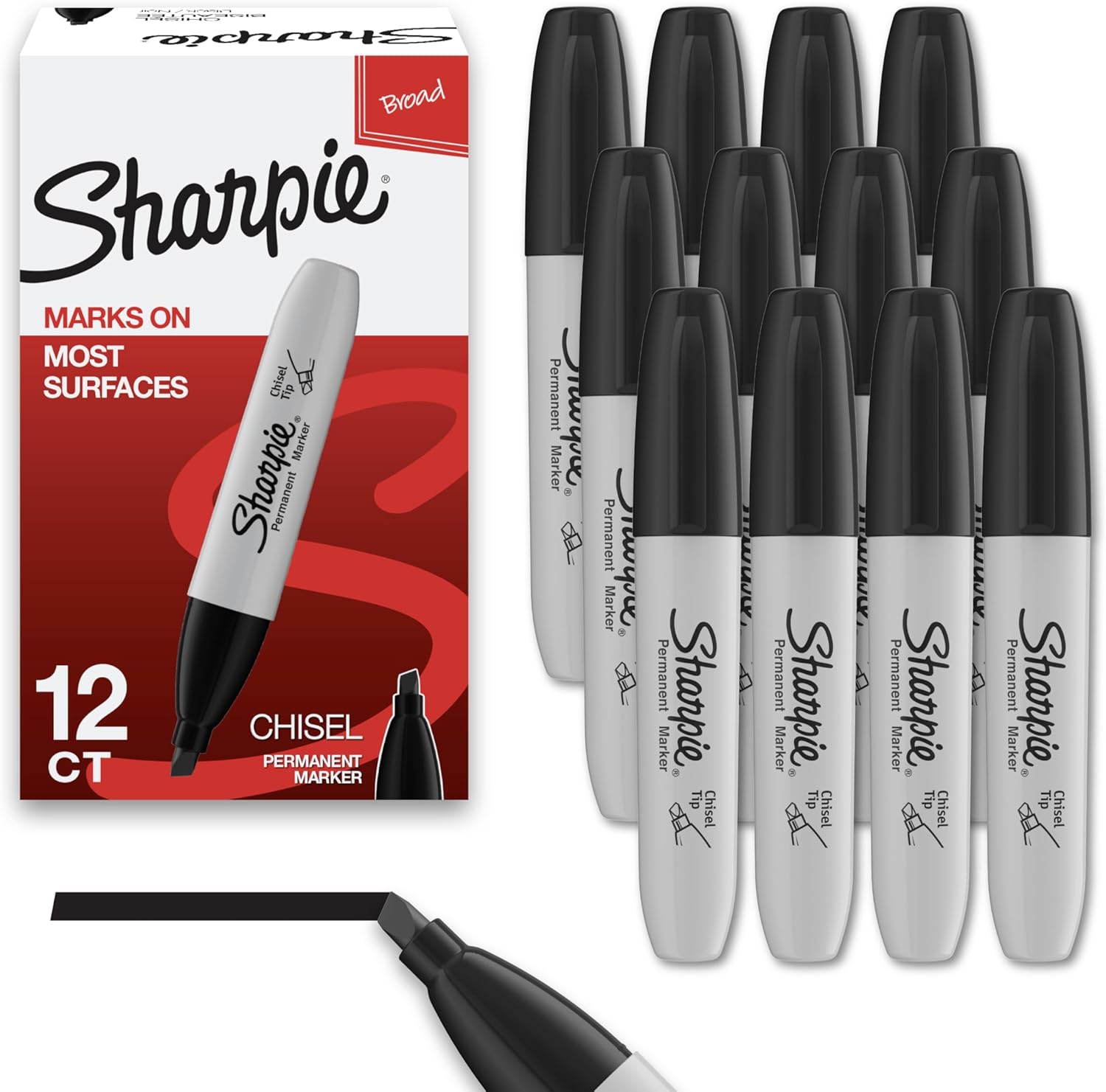 Sharpie Permanent Markers, Chisel Tip, Black, 12 Count - Home, School, Office Supplies - Image 1