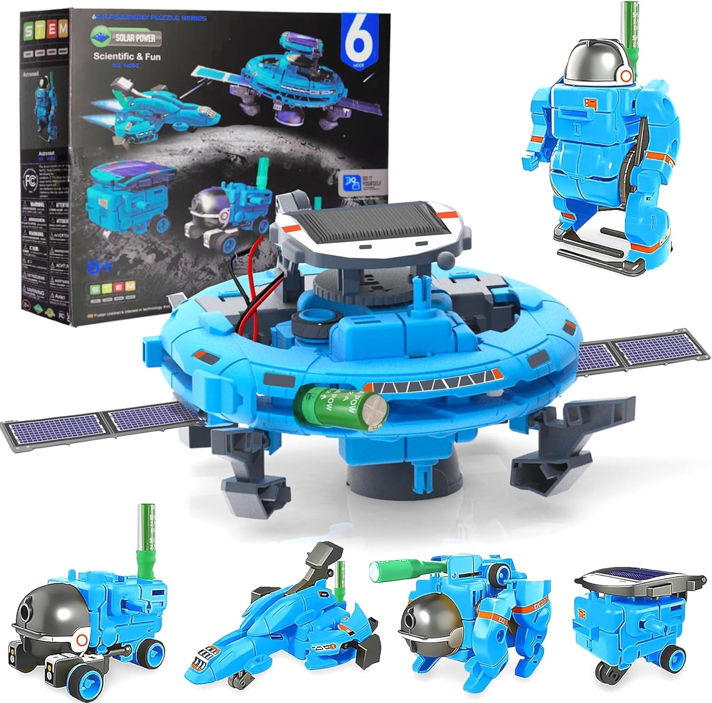 Hechify STEM 6-in-1 solar robot toy front view showcasing the educational blue plastic pieces and central solar panel module.