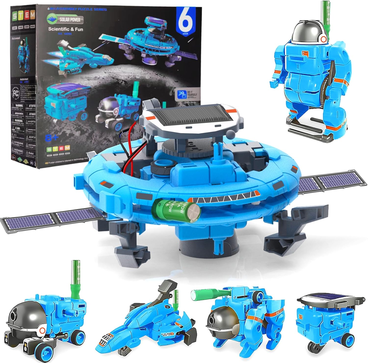 Hechify STEM 6-in-1 solar robot toy front view showcasing the educational blue plastic pieces and central solar panel module.