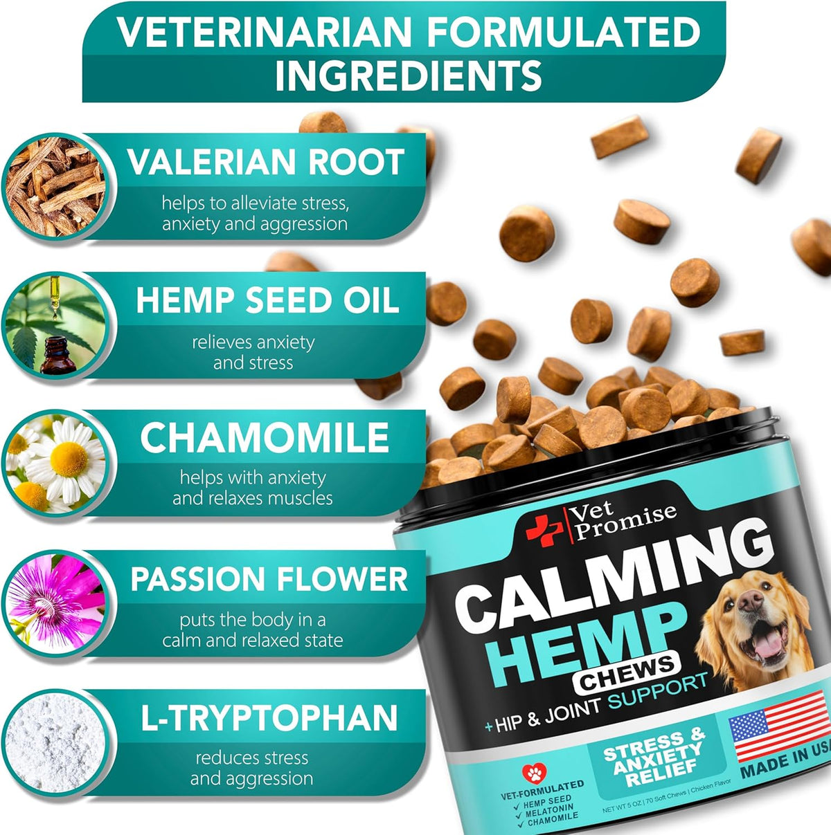 Chicken flavored dog soft chews close up texture highlighting hemp and melatonin anxiety relief formula.